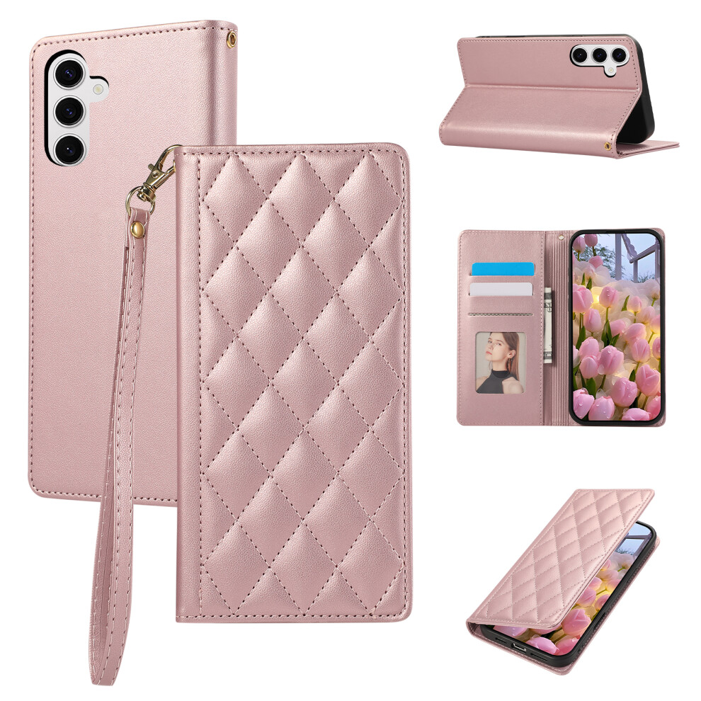 (Rose ) For Samsung Galaxy S26 Case Rfid Blocking Wallet Stand Rhombus Leather Cover With Wrist Strap Gold 6914298141014