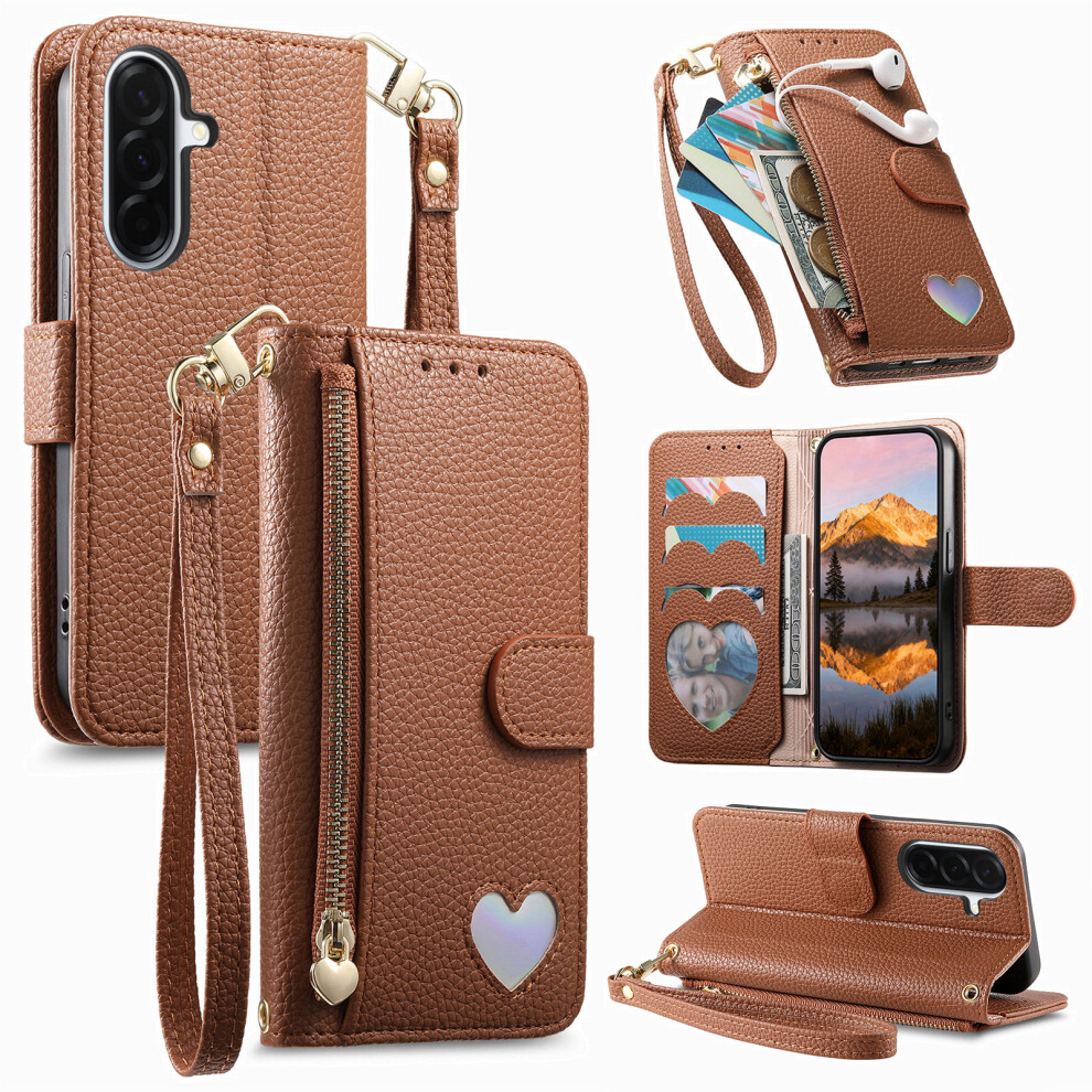 (Brown) For Samsung Galaxy A57 5G Case Zipper Pocket Tpu Pu Leather Wallet Phone Cover With Strap Brown 6914297553627