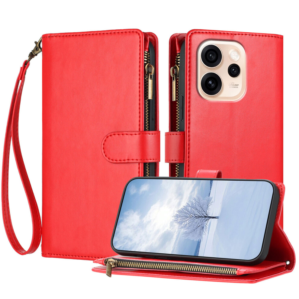 (Red) For Oppo Reno15c 5G (China) / Oppo Reno15 5G (Global) Leather Case Zipper Wallet Stand Shockproof Phone Cover With Wrist Red 6914297011592