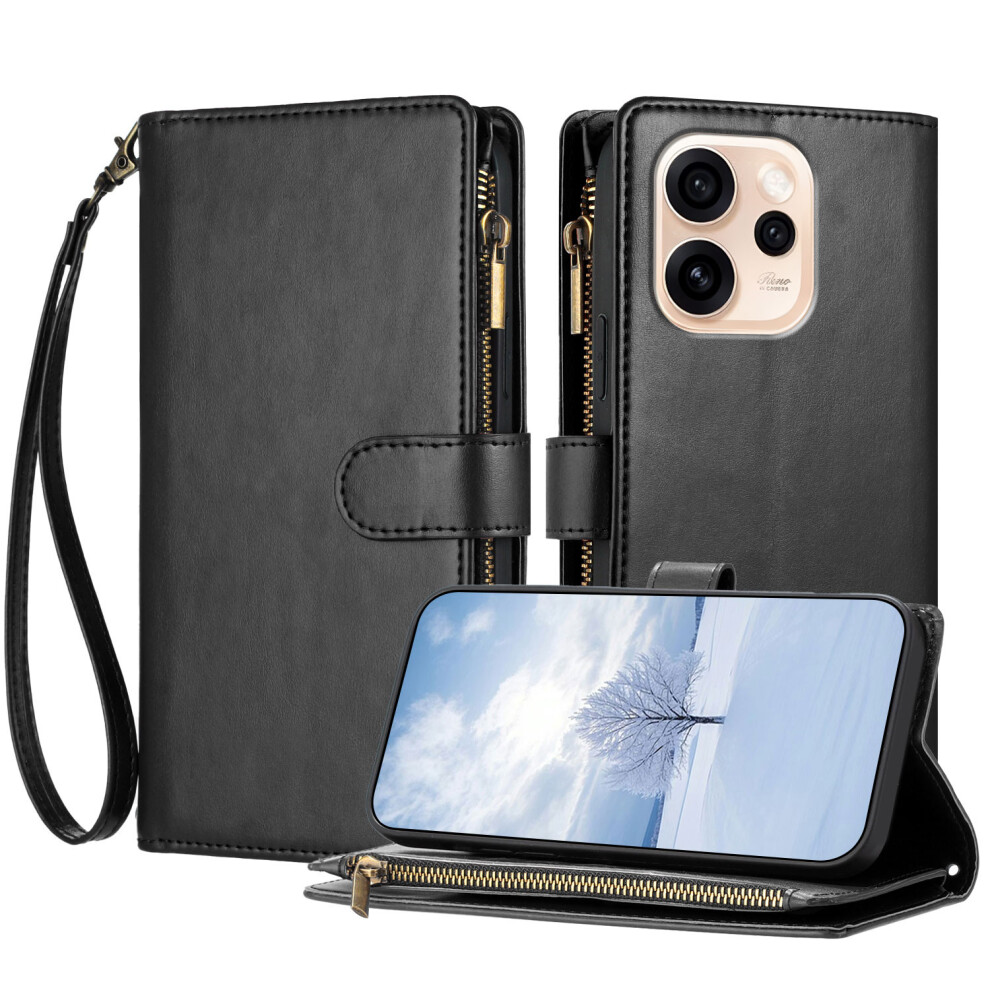 (Black) For Oppo Reno15c 5G (China) / Oppo Reno15 5G (Global) Leather Case Zipper Wallet Stand Shockproof Phone Cover With Wrist Black 6914296996104