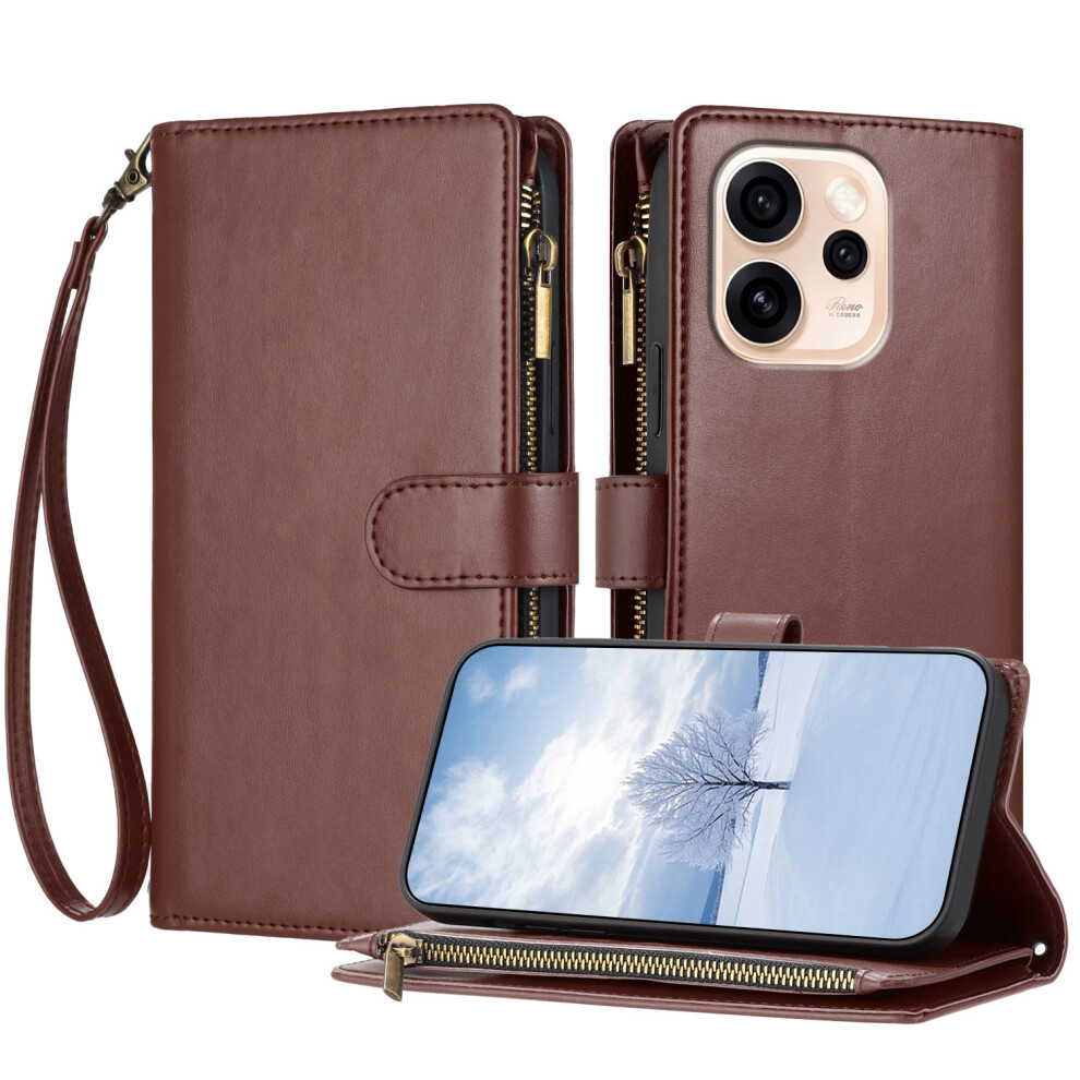 (Brown) For Oppo Reno15c 5G (China) / Oppo Reno15 5G (Global) Leather Case Zipper Wallet Stand Shockproof Phone Cover With Wrist Brown 6914293480613