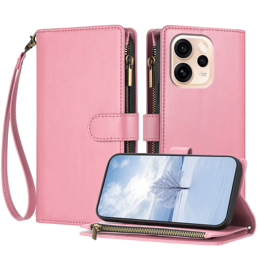(Pink) For Oppo Reno15c 5G (China) / Oppo Reno15 5G (Global) Leather Case Zipper Wallet Stand Shockproof Phone Cover With Wrist Pink 6914290599646