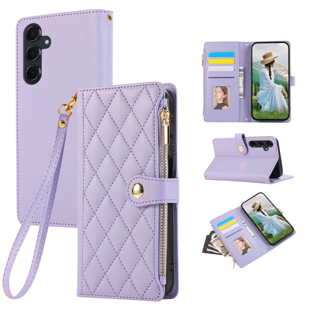 (Purple) For Samsung Galaxy S26 Case Multi Card Slots Zipper Rhombus Leather Phone Cover With Wrist Strap Purple 6914296572575