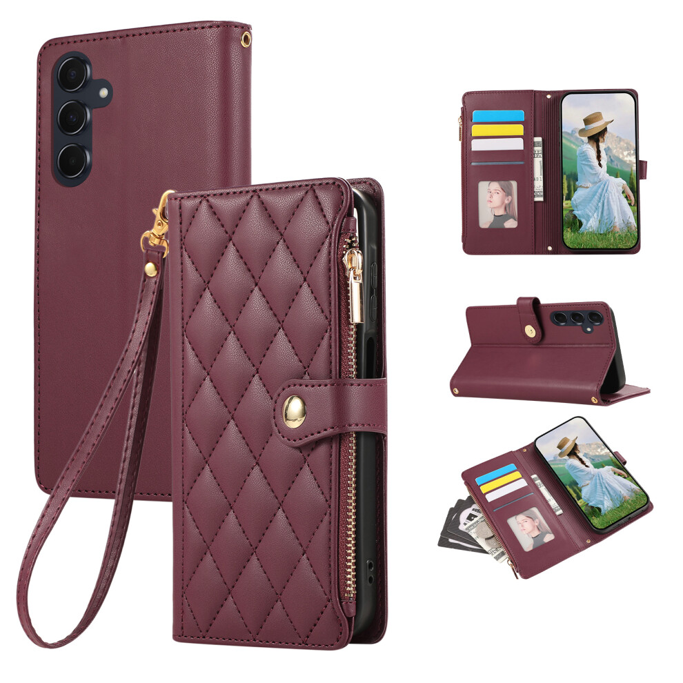 (Wine ) For Samsung Galaxy S26 Case Multi Card Slots Zipper Rhombus Leather Phone Cover With Wrist Strap Red 6914296143638
