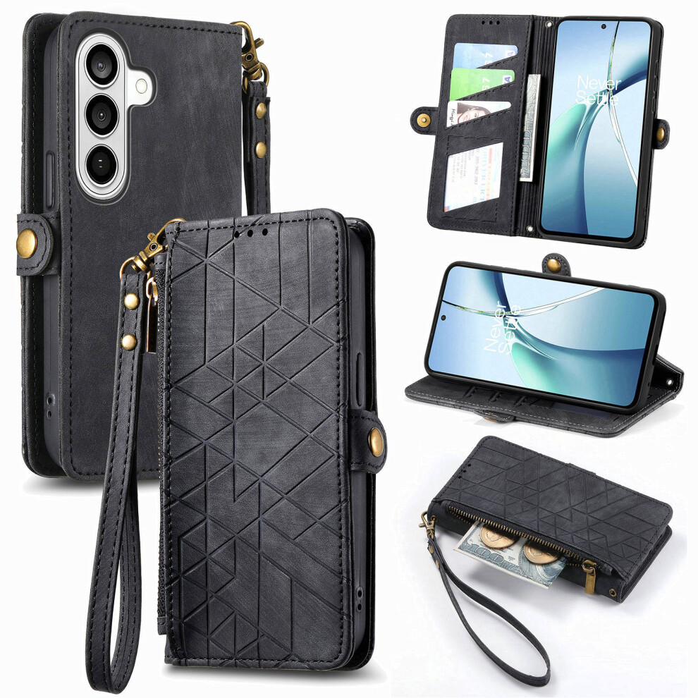 (Black) For Samsung Galaxy A37 5G Case Zipper Wallet Geometry Lines Leather Phone Cover With Strap Black 6914296237719