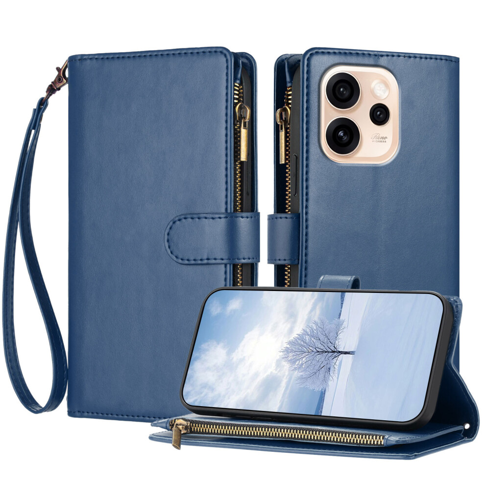 (Blue) For Oppo Reno15c 5G (China) / Oppo Reno15 5G (Global) Leather Case Zipper Wallet Stand Shockproof Phone Cover With Wrist Blue 6914297631486