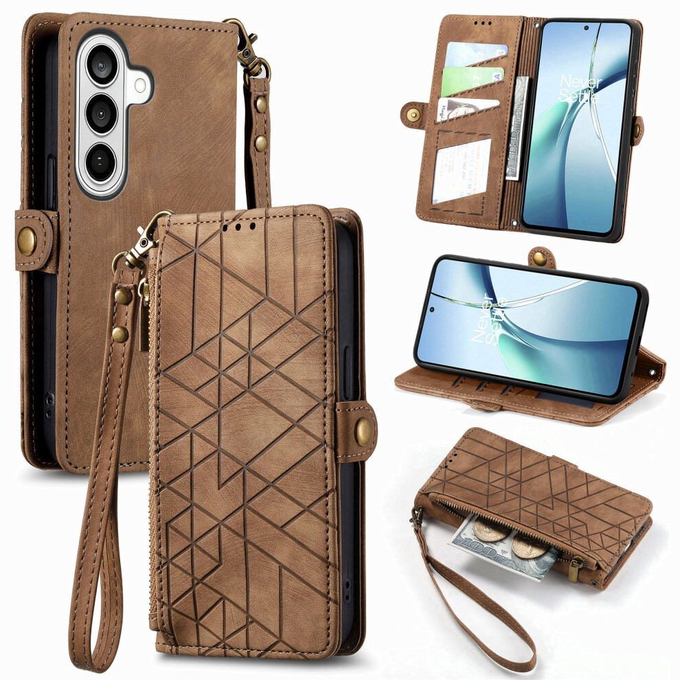 (Brown) For Samsung Galaxy A37 5G Case Zipper Wallet Geometry Lines Leather Phone Cover With Strap Brown 6914299290735