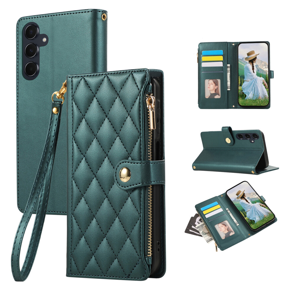 (Green) For Samsung Galaxy S26 Case Multi Card Slots Zipper Rhombus Leather Phone Cover With Wrist Strap Green 6914292984525