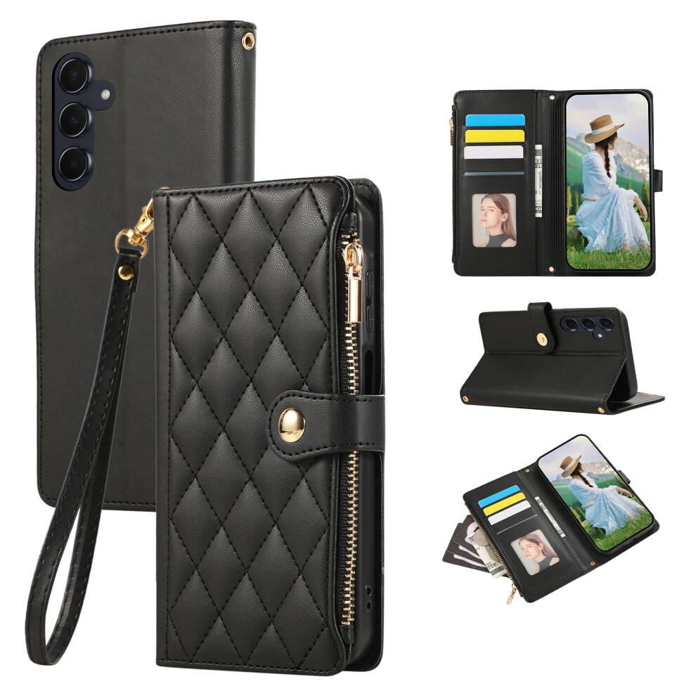 (Black) For Samsung Galaxy S26 Case Multi Card Slots Zipper Rhombus Leather Phone Cover With Wrist Strap Black 6914296456646