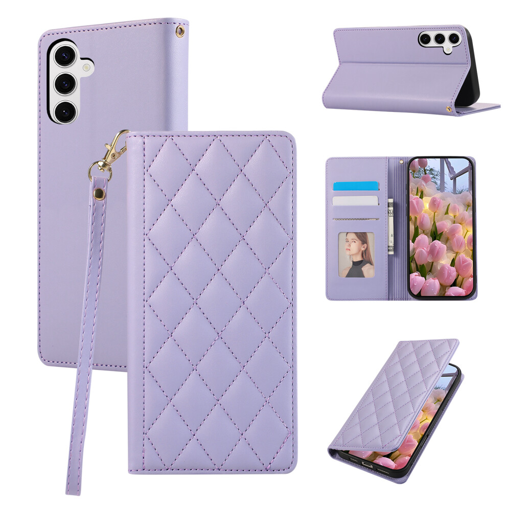 (Purple) For Samsung Galaxy A57 5G Case Rfid Blocking Wallet Stand Rhombus Leather Cover With Wrist Strap Purple 6914293655530