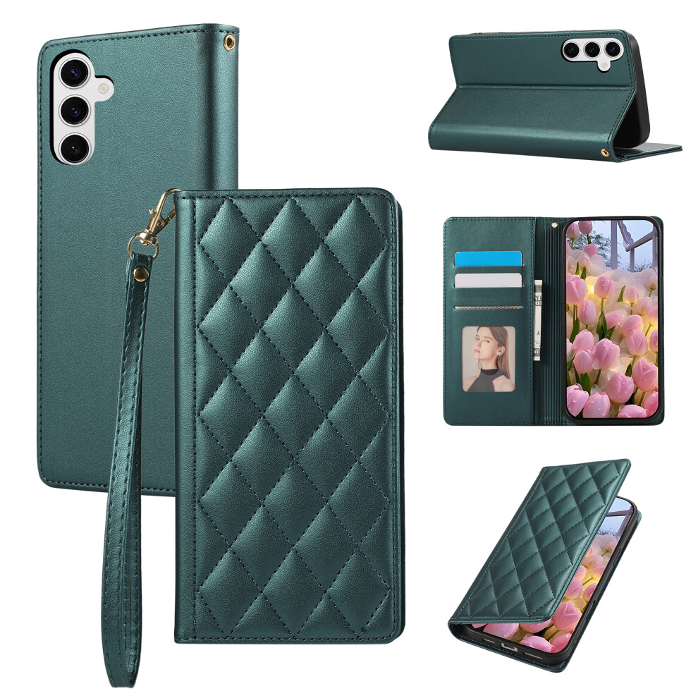 (Green) For Samsung Galaxy A57 5G Case Rfid Blocking Wallet Stand Rhombus Leather Cover With Wrist Strap Green 6914296397857