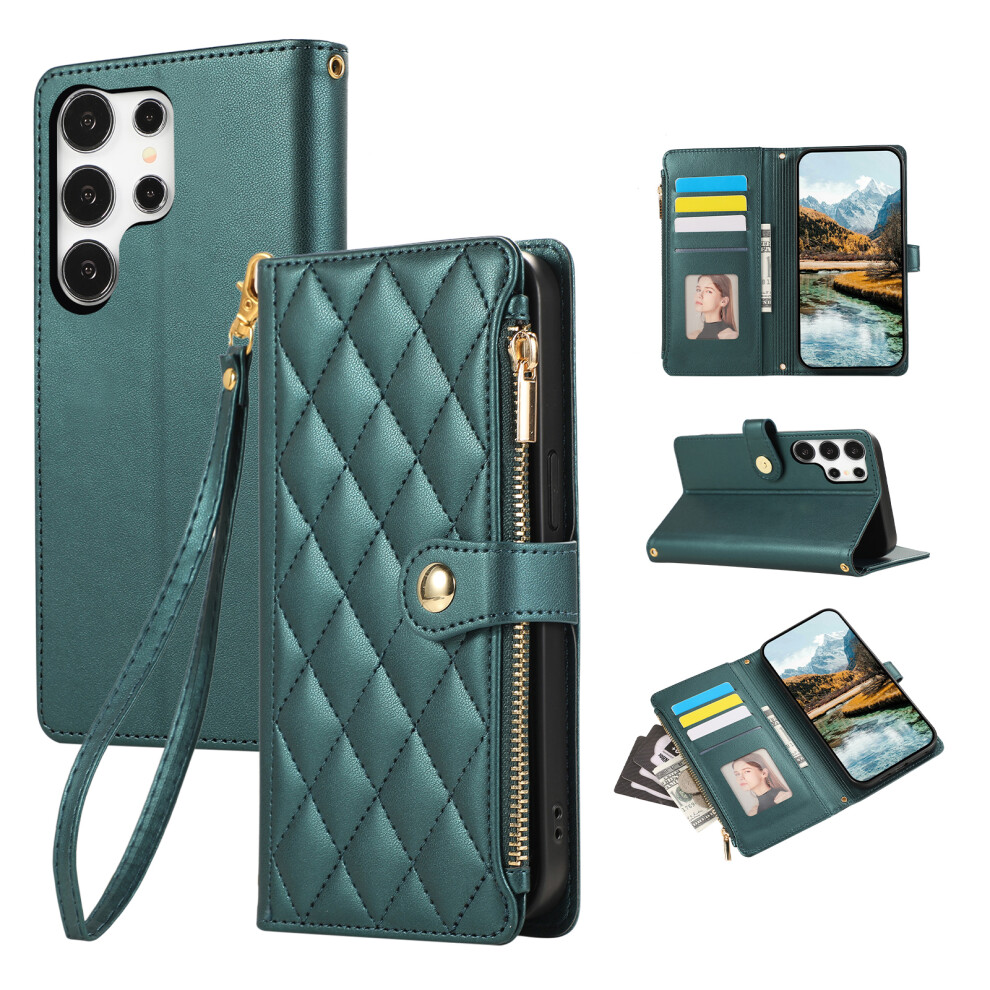 (Green) For Samsung Galaxy S26 Ultra Case Multi Card Slots Zipper Rhombus Leather Phone Cover With Wrist Strap Green 6914299577133