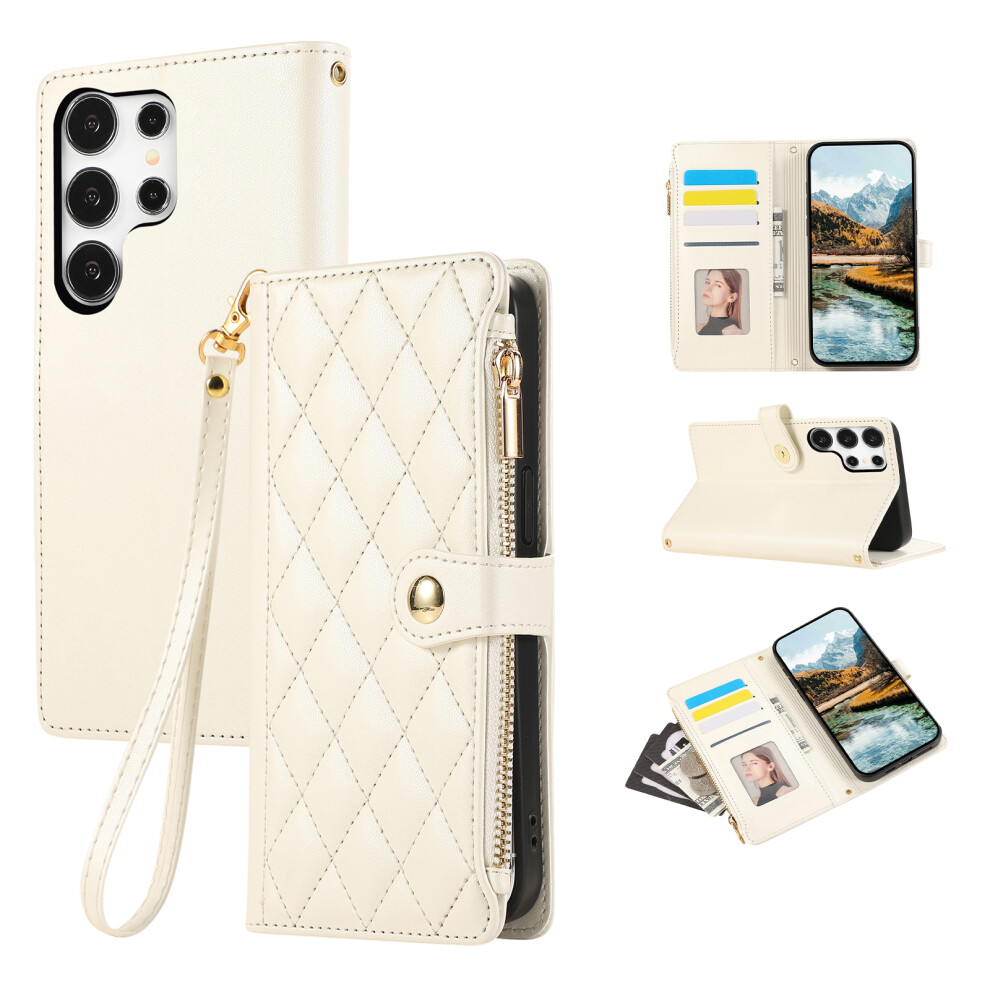 (Beige) For Samsung Galaxy S26 Ultra Case Multi Card Slots Zipper Rhombus Leather Phone Cover With Wrist Strap Cream 6914295492775