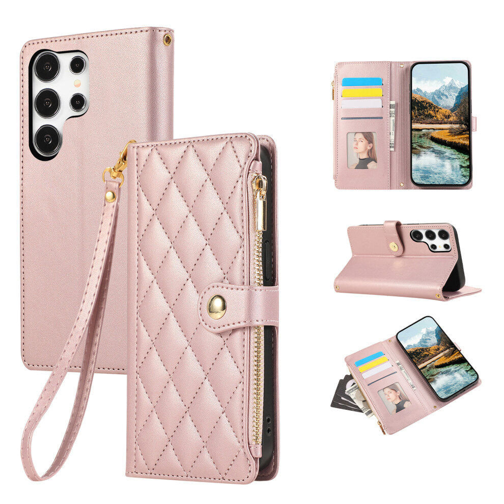 (Rose ) For Samsung Galaxy S26 Ultra Case Multi Card Slots Zipper Rhombus Leather Phone Cover With Wrist Strap Gold 6914290883585