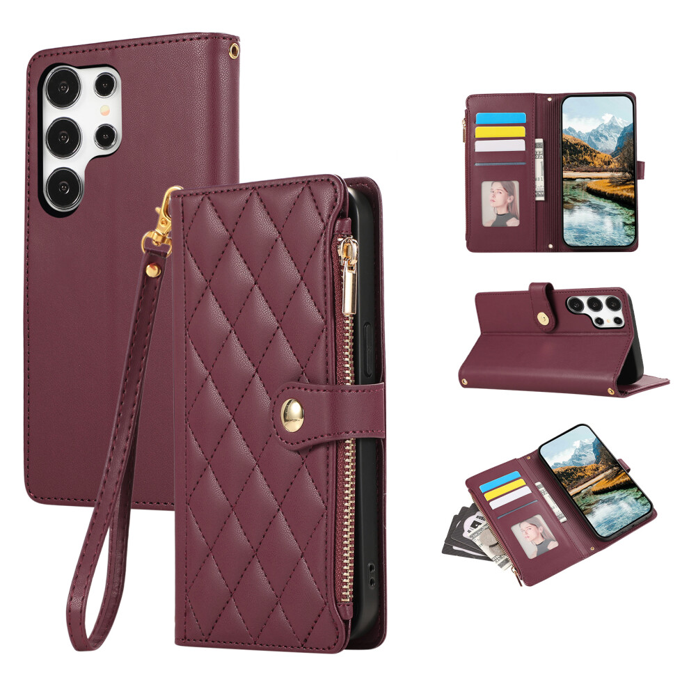 (Wine ) For Samsung Galaxy S26 Ultra Case Multi Card Slots Zipper Rhombus Leather Phone Cover With Wrist Strap Red 6914291904722