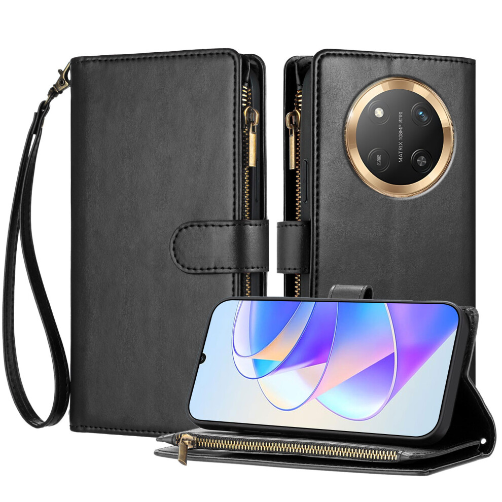 (Black) For Honor Magic7 Lite 5G / Honor X9c 5G Leather Case Zipper Wallet Stand Shockproof Phone Cover With Wrist Strap Black 6914296977943