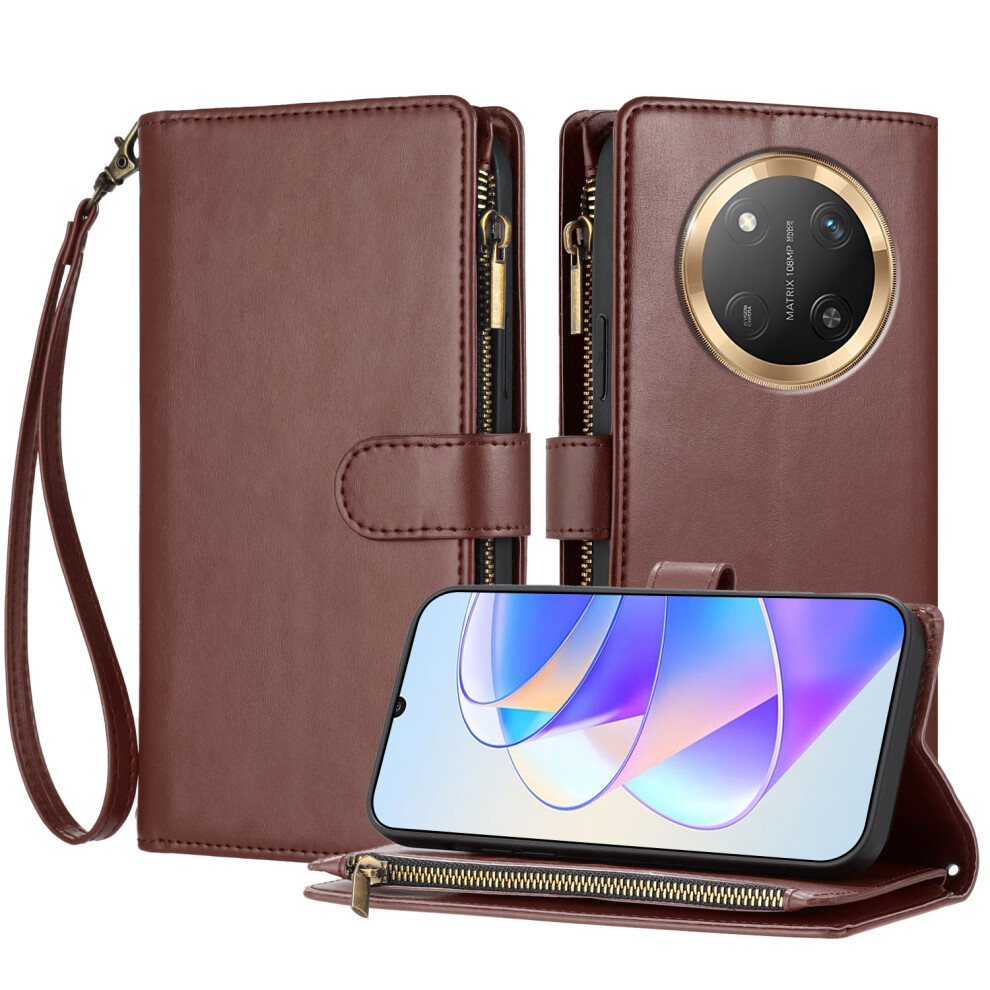(Brown) For Honor Magic7 Lite 5G / Honor X9c 5G Leather Case Zipper Wallet Stand Shockproof Phone Cover With Wrist Strap Brown 6914297647272