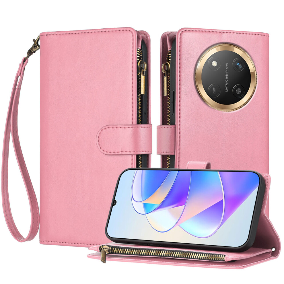 (Pink) For Honor Magic7 Lite 5G / Honor X9c 5G Leather Case Zipper Wallet Stand Shockproof Phone Cover With Wrist Strap Pink 6914291123031