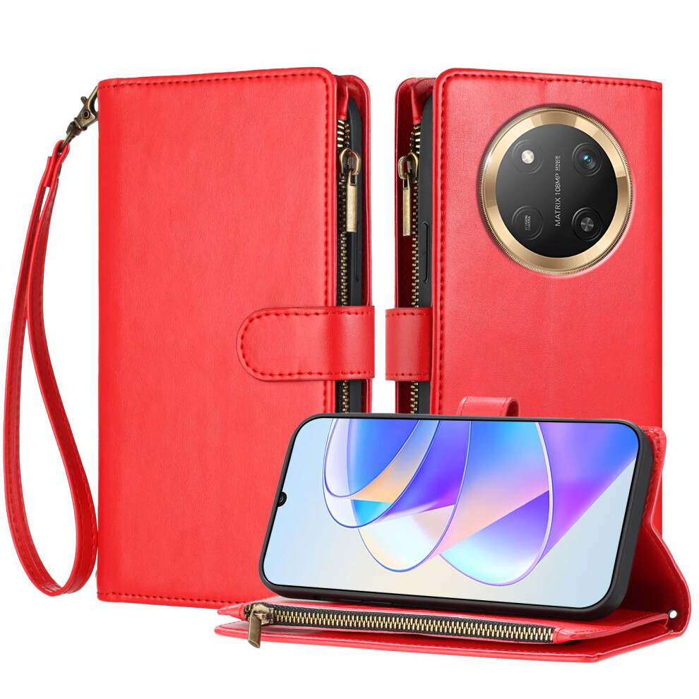 (Red) For Honor Magic7 Lite 5G / Honor X9c 5G Leather Case Zipper Wallet Stand Shockproof Phone Cover With Wrist Strap Red 6914298816028