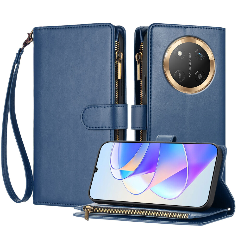 (Blue) For Honor Magic7 Lite 5G / Honor X9c 5G Leather Case Zipper Wallet Stand Shockproof Phone Cover With Wrist Strap Blue 6914294711082