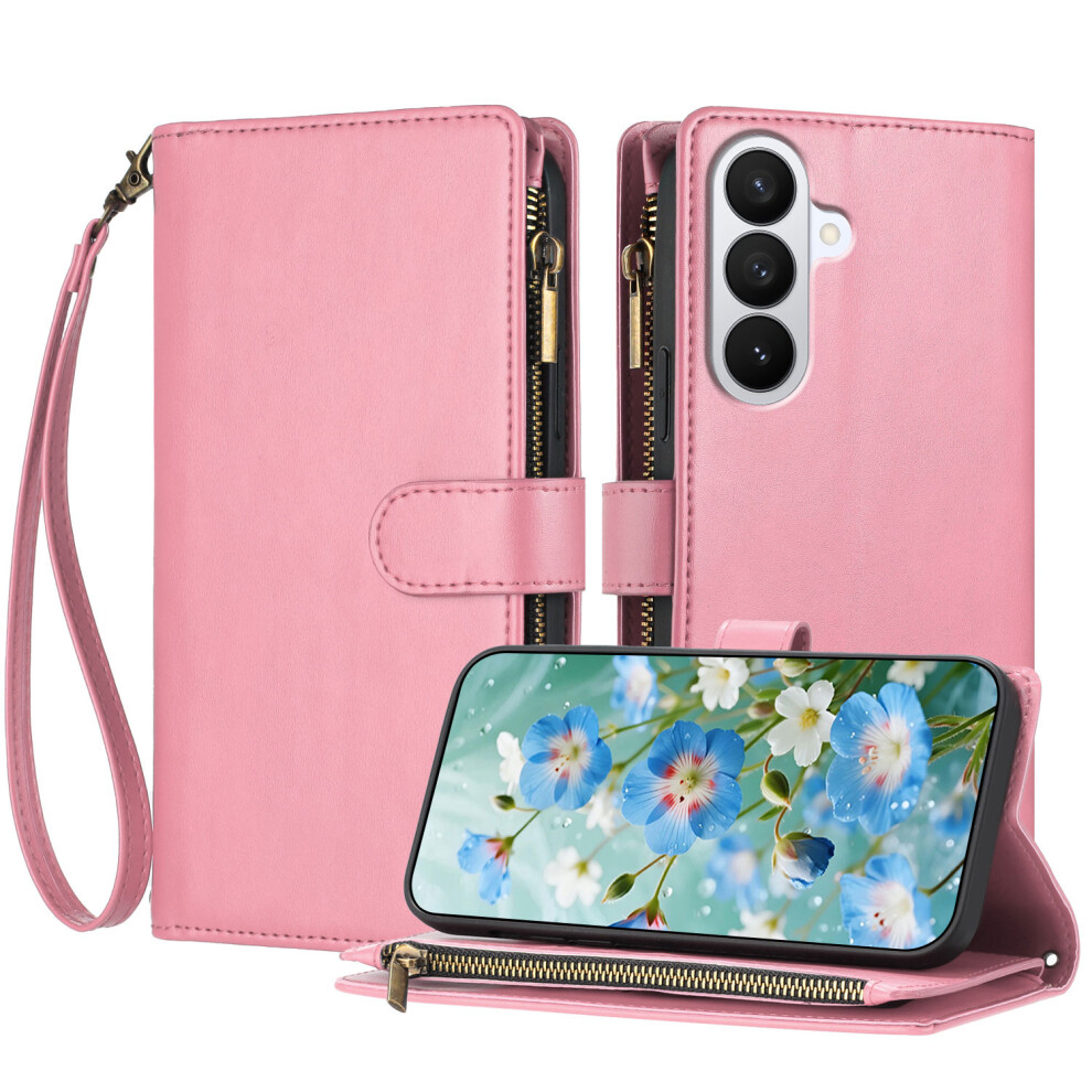 (Pink) For Samsung Galaxy S26+ Leather Case Zipper Wallet Stand Shockproof Phone Cover With Wrist Strap Pink 6914293433312