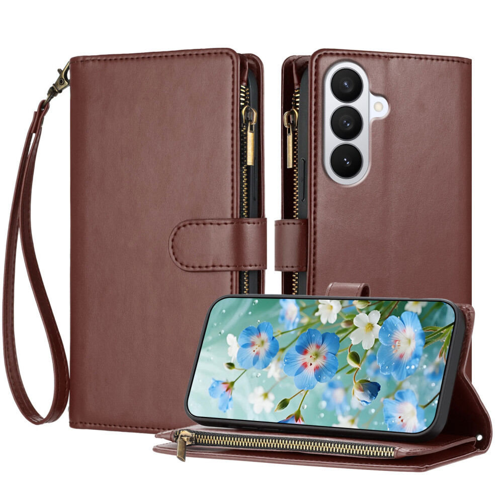 (Brown) For Samsung Galaxy S26+ Leather Case Zipper Wallet Stand Shockproof Phone Cover With Wrist Strap Brown 6914293074881