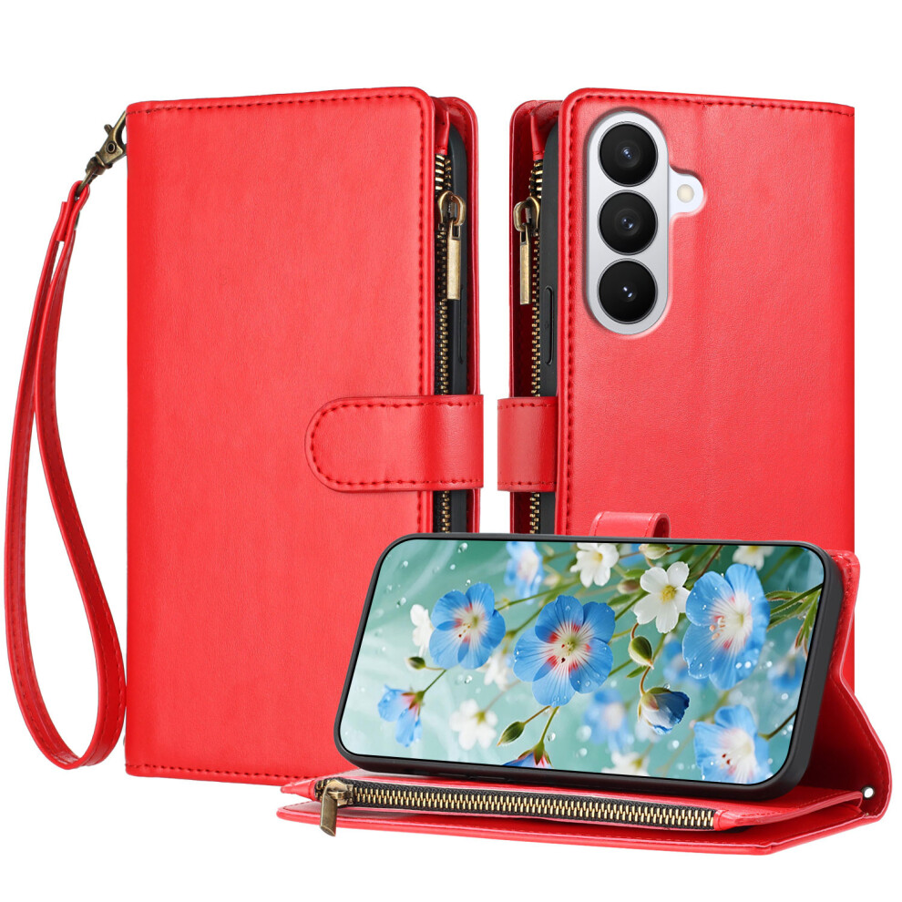 (Red) For Samsung Galaxy S26 Leather Case Zipper Wallet Stand Shockproof Phone Cover With Wrist Strap Red 6914290609819