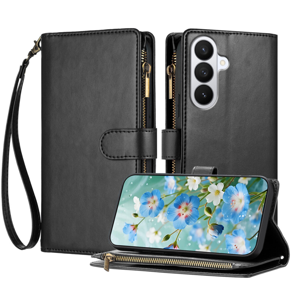 (Black) For Samsung Galaxy S26 Leather Case Zipper Wallet Stand Shockproof Phone Cover With Wrist Strap Black 6914290250981