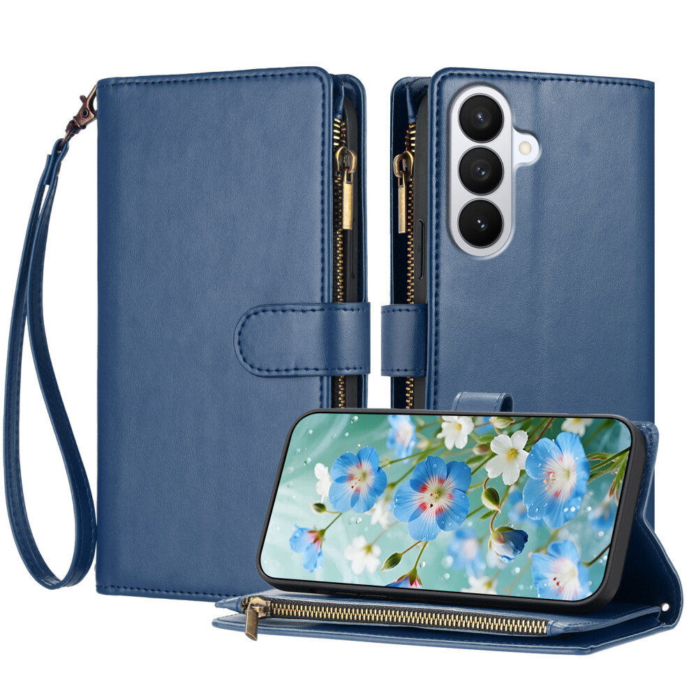 (Blue) For Samsung Galaxy S26 Leather Case Zipper Wallet Stand Shockproof Phone Cover With Wrist Strap Blue 6914292254130