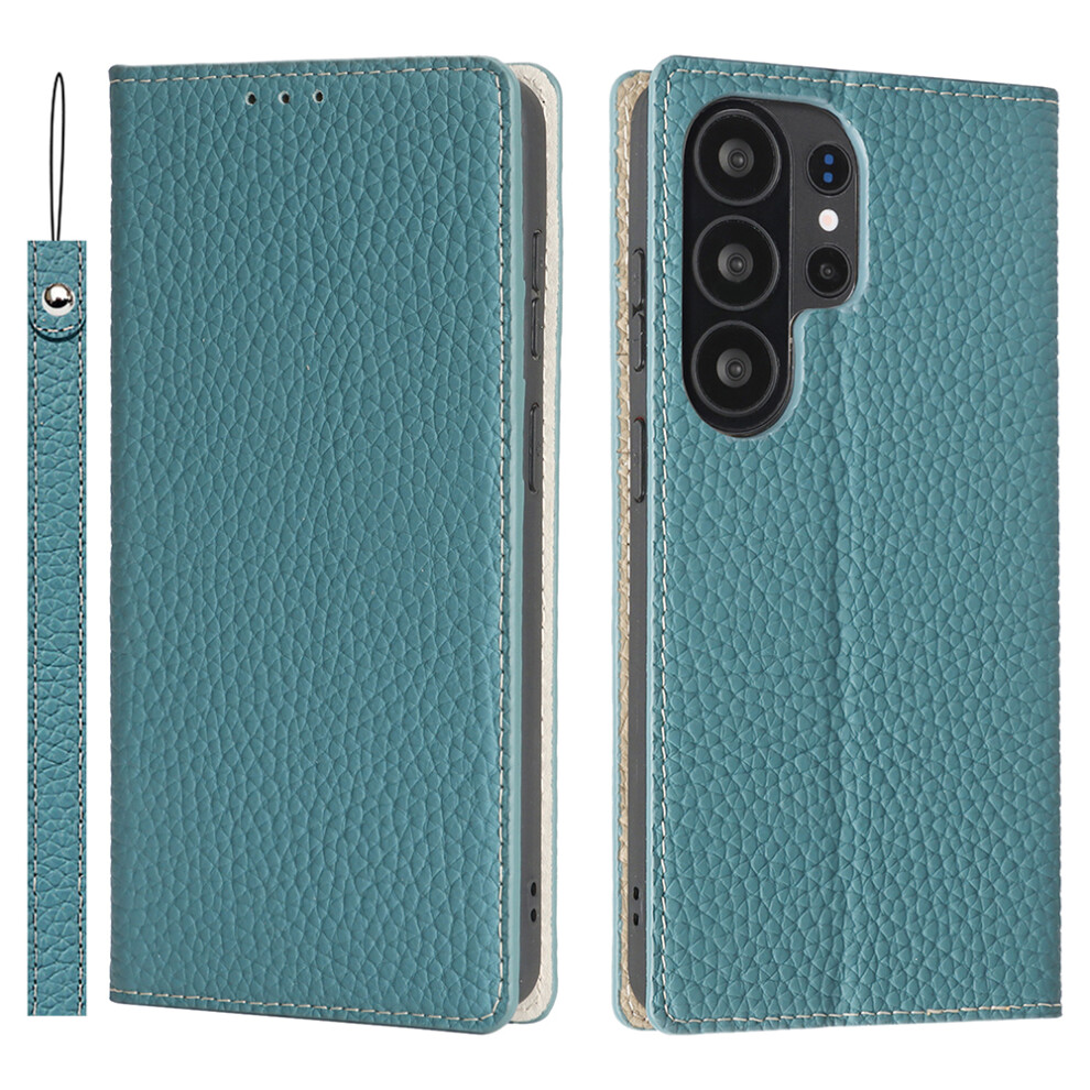 (Sky ) For Samsung Galaxy S26 Ultra Wallet Case Genuine Cow Leather Phone Cover Litchi Texture Blue 6914291856649