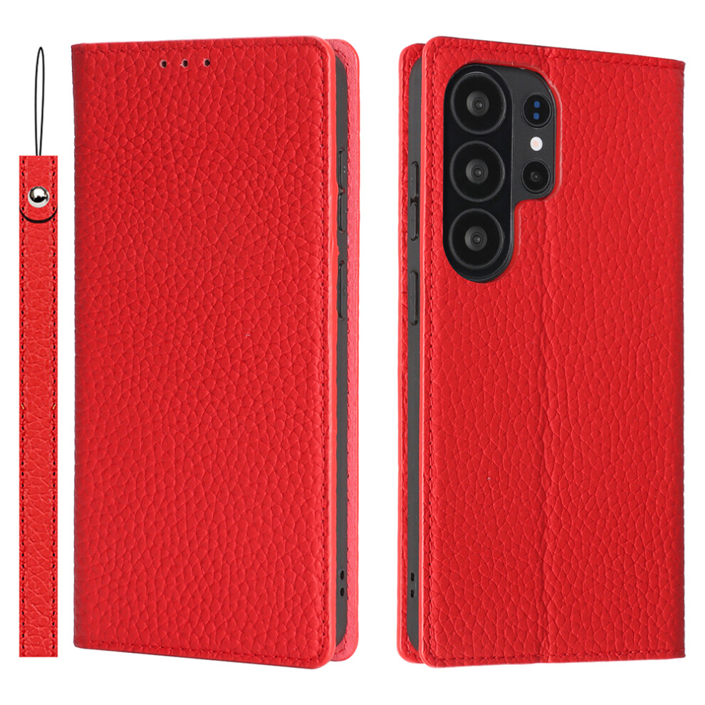 (Red) For Samsung Galaxy S26 Ultra Wallet Case Genuine Cow Leather Phone Cover Litchi Texture Red 6914291637071