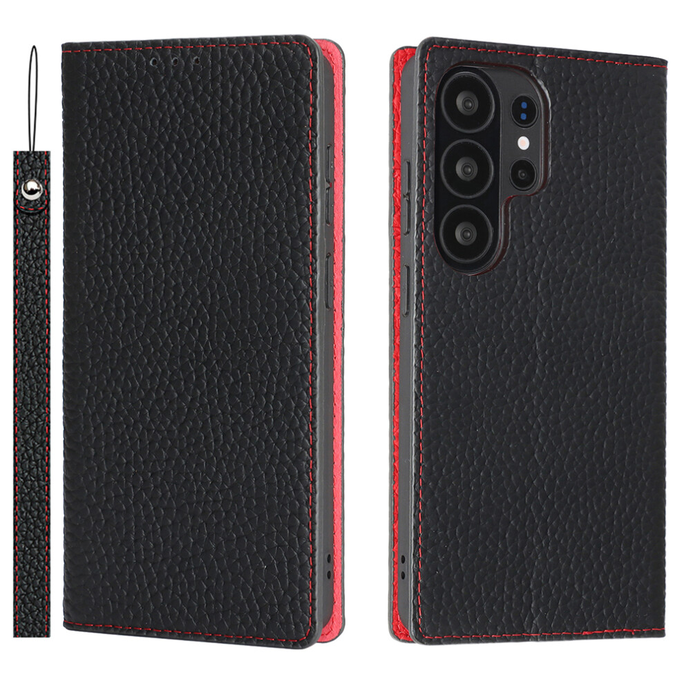 (Black) For Samsung Galaxy S26 Ultra Wallet Case Genuine Cow Leather Phone Cover Litchi Texture Black 6914290718016