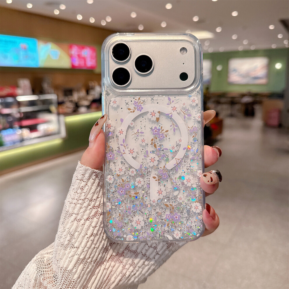 (Small Floral) For Iphone 17 Pro Magnetic Case Glitter Epoxy Clear Tpu Shockproof Phone Cover Compatible With Magsafe 6914296741872