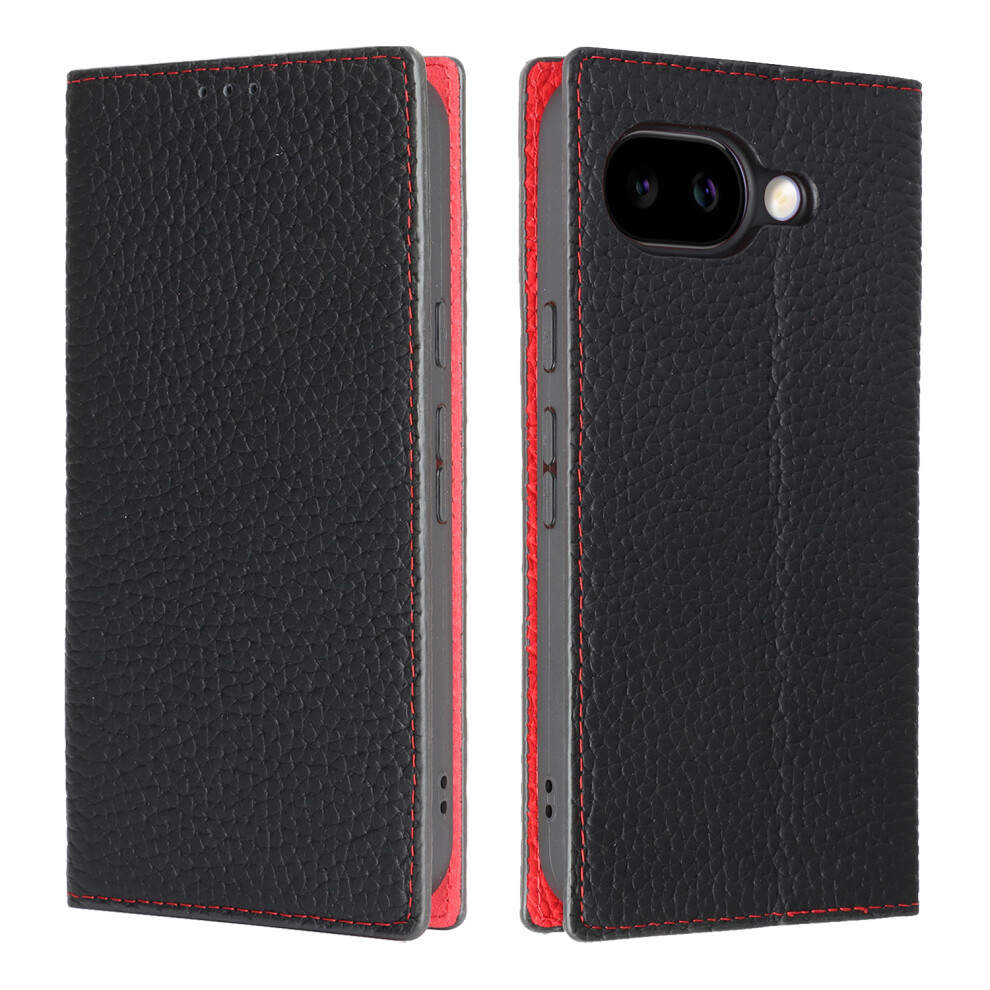 (Black) For Google Pixel 10A Wallet Case Genuine Cow Leather Phone Cover Litchi Texture Black 6914291428631