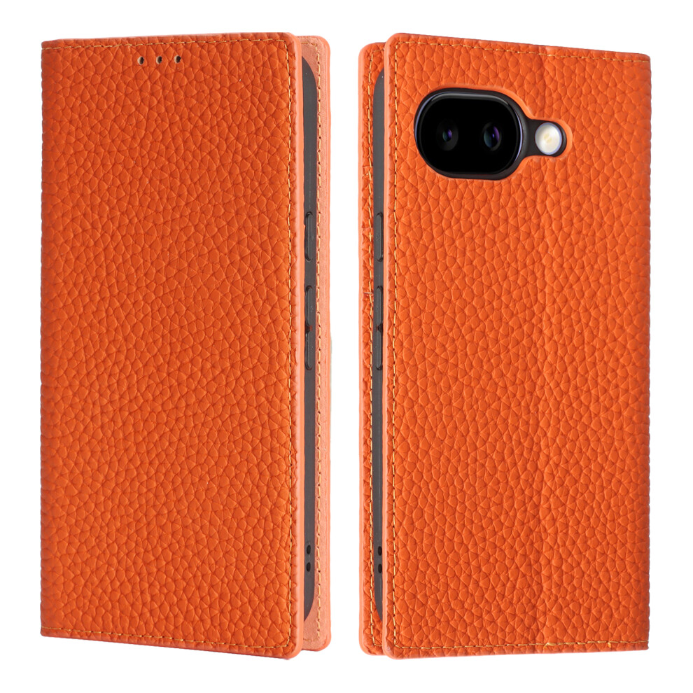 (Orange) For Google Pixel 10A Wallet Case Genuine Cow Leather Phone Cover Litchi Texture Orange 6914292944260