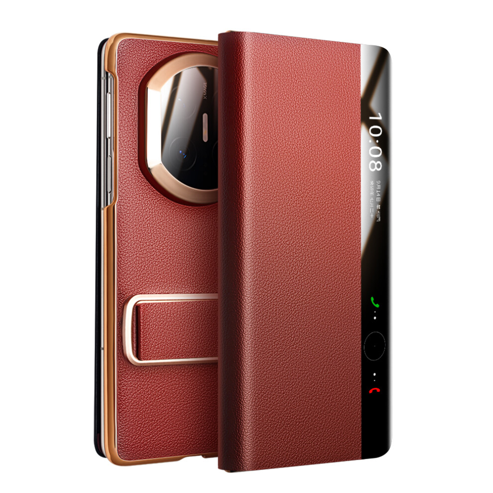 (Red) Qialino For Huawei Mate X7 Case Genuine Cow Leather Kickstand Phone Cover With View Window Red 6914292221156