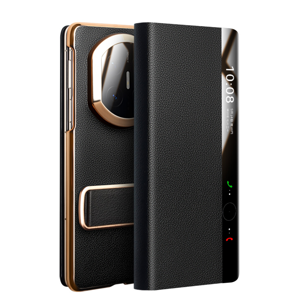 (Black) Qialino For Huawei Mate X7 Case Genuine Cow Leather Kickstand Phone Cover With View Window Black 6914290071548