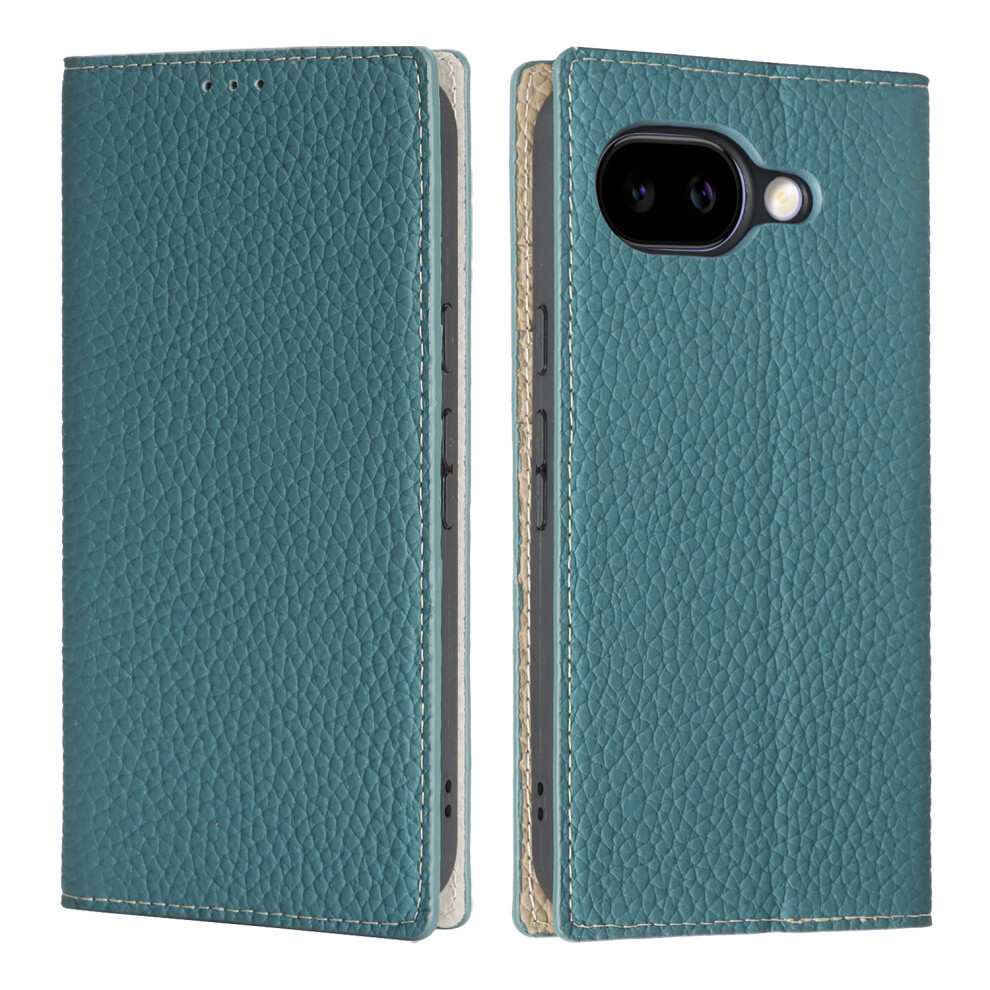 (Sky ) For Google Pixel 10A Wallet Case Genuine Cow Leather Phone Cover Litchi Texture Blue 6914293285102