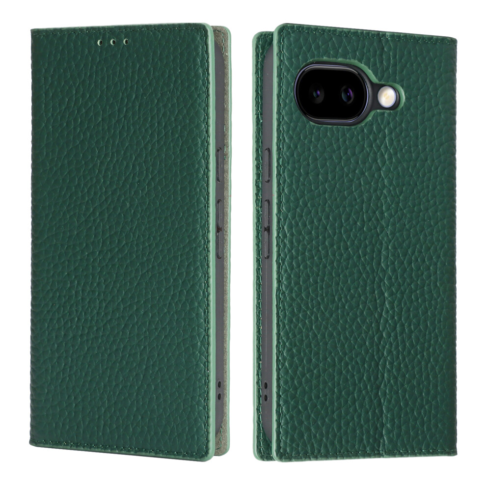 (Dark ) For Google Pixel 10A Wallet Case Genuine Cow Leather Phone Cover Litchi Texture Green 6914293904034