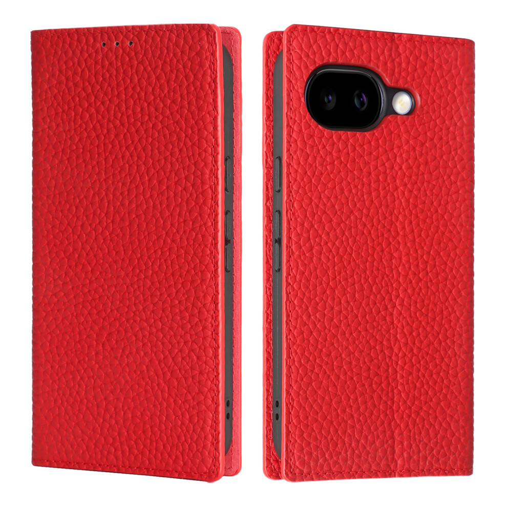 (Red) For Google Pixel 10A Wallet Case Genuine Cow Leather Phone Cover Litchi Texture Red 6914298458679