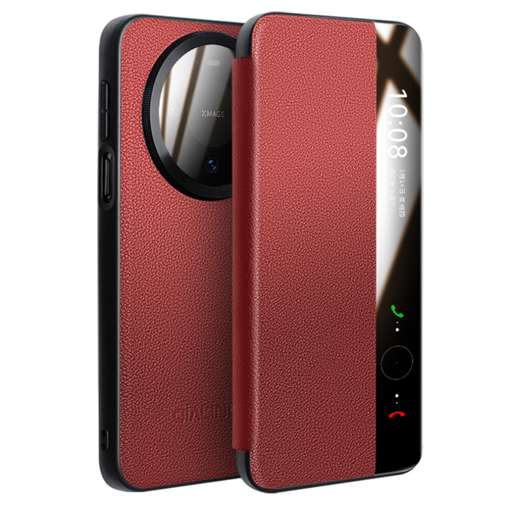(Red) Qialino For Huawei Mate 80 / Mate 80 Pro Case View Window Genuine Cow Leather Flip Phone Cover With Tempe Glass Len Red 6914298840849