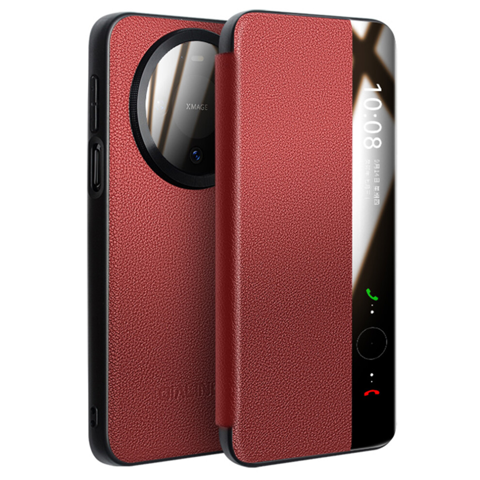 (Red) Qialino For Huawei Mate 80 Pro Max Case View Window Genuine Cow Leather Flip Phone Cover With Tempe Glass Lens Protec Red 6914293806536