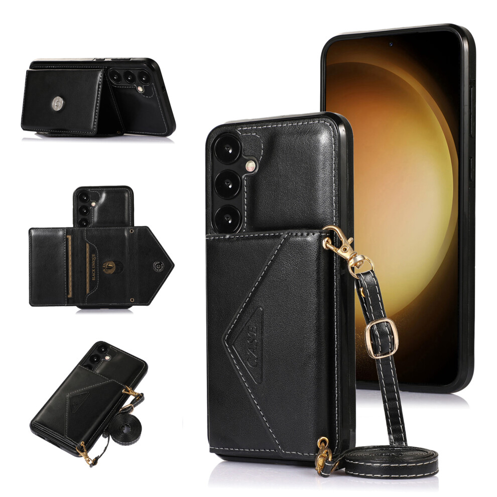 (Black) For Samsung Galaxy S26+ Cell Phone Case Triangle Lid Card Bag Leather + Tpu Cover With Long Strap Black 6914299292159