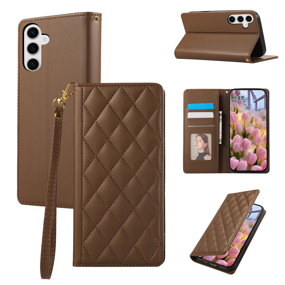 (Brown) For Samsung Galaxy S26+ Case Rfid Blocking Wallet Stand Rhombus Leather Phone Cover With Wrist Strap Brown 6914292359224