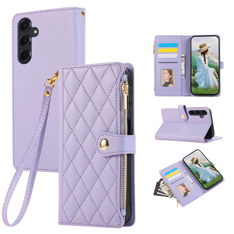 (Purple) For Samsung Galaxy A57 5G Case Multi Card Slots Zipper Rhombus Leather Phone Cover With Wrist Strap Purple 6914290169696