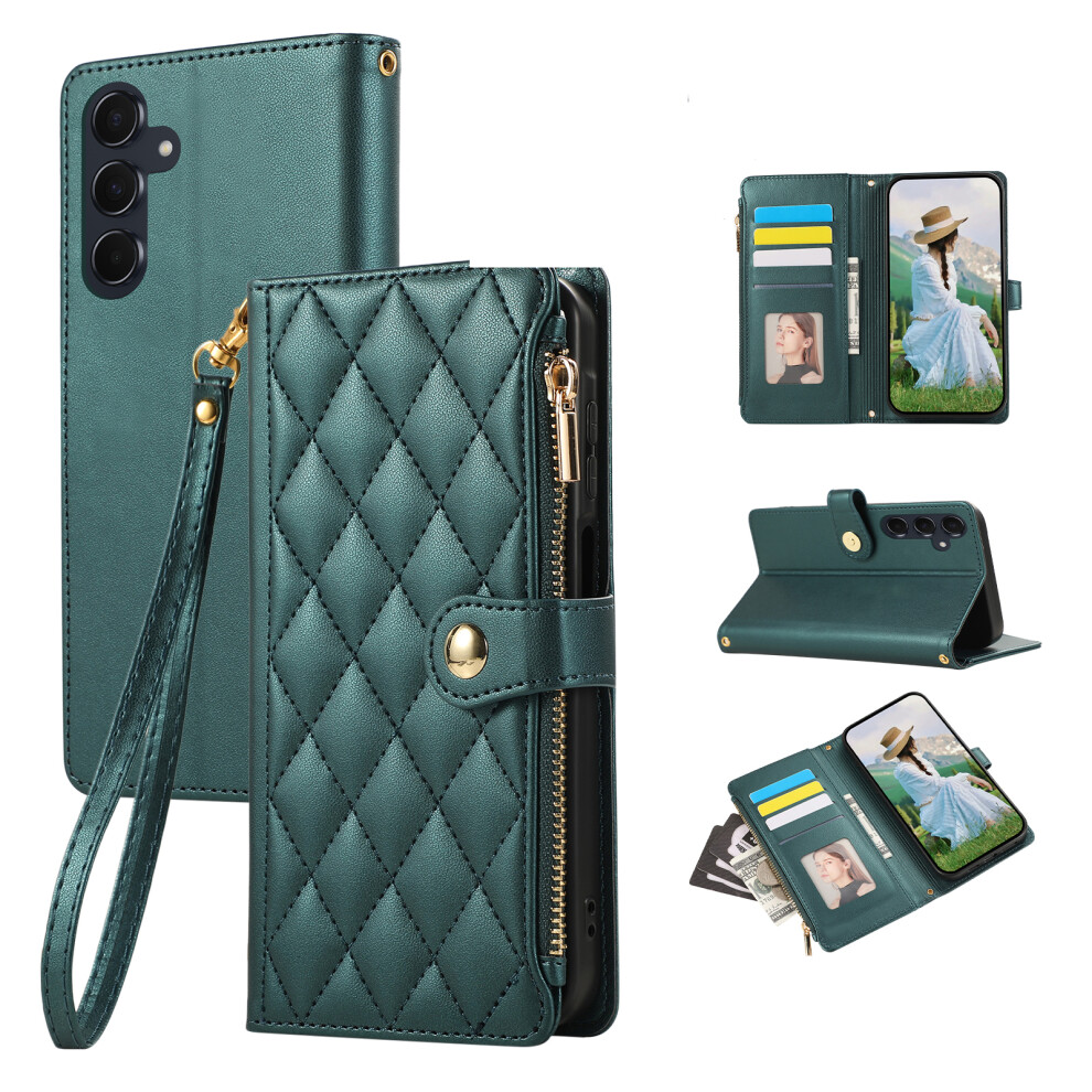 (Green) For Samsung Galaxy A57 5G Case Multi Card Slots Zipper Rhombus Leather Phone Cover With Wrist Strap Green 6914298533499