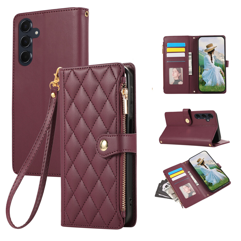 (Wine ) For Samsung Galaxy A57 5G Case Multi Card Slots Zipper Rhombus Leather Phone Cover With Wrist Strap Red 6914294847118