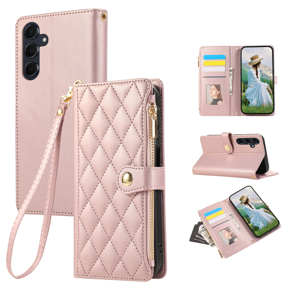 (Rose ) For Samsung Galaxy A57 5G Case Multi Card Slots Zipper Rhombus Leather Phone Cover With Wrist Strap Gold 6914290485345