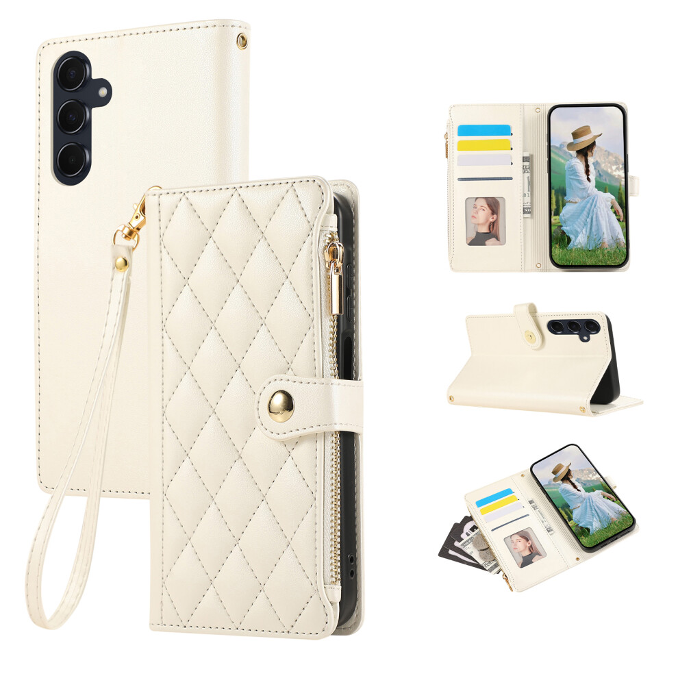 (Beige) For Samsung Galaxy A57 5G Case Multi Card Slots Zipper Rhombus Leather Phone Cover With Wrist Strap Cream 6914292121548