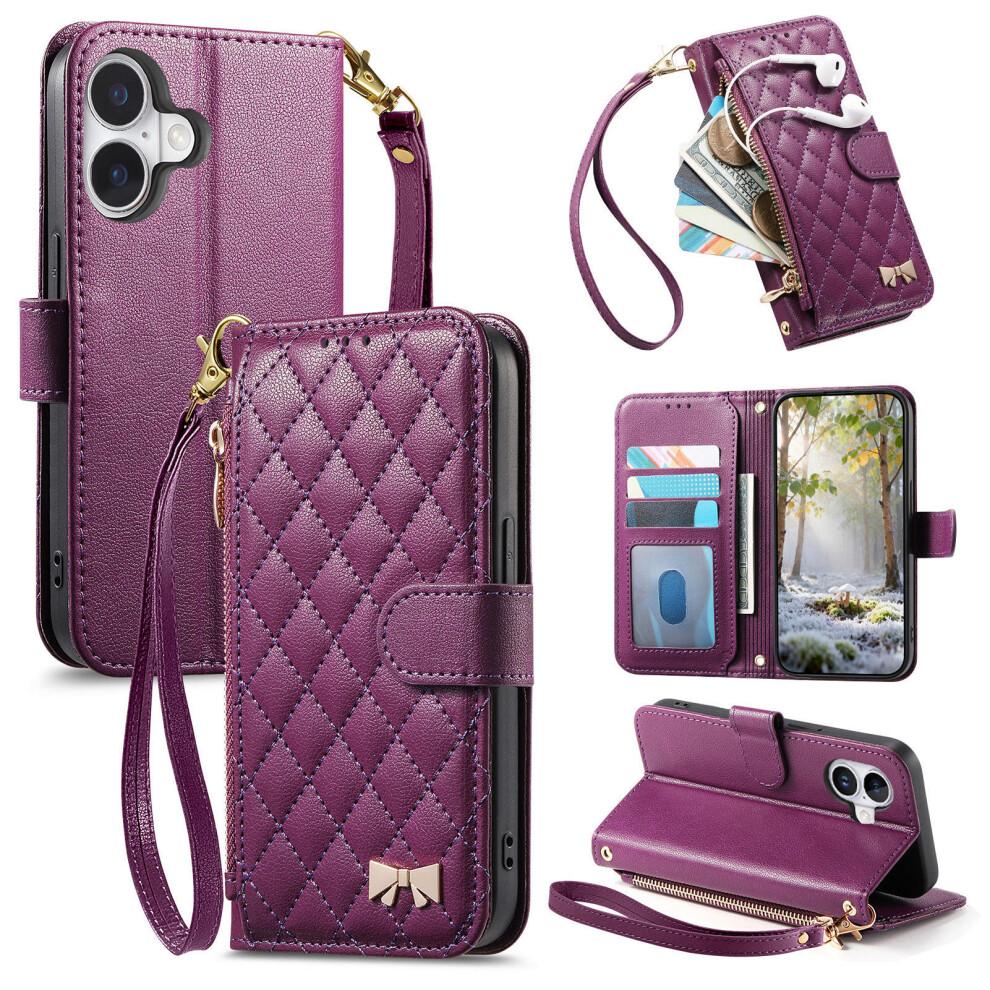 (Purple) For Iphone 17 Stand Case Imprint Tpu Pu Leather Zipper Pocket Wallet Phone Cover With Strap Purple 6914292473449